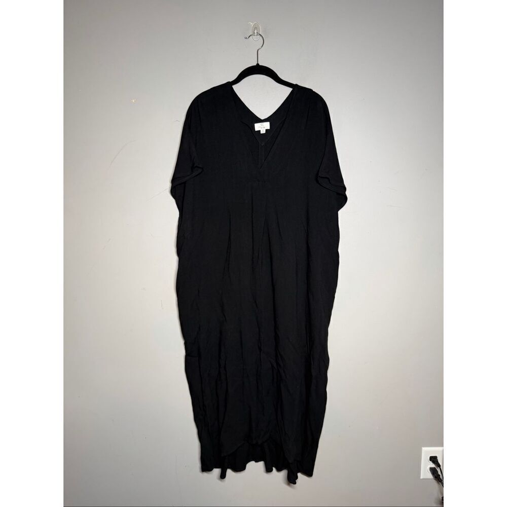 P. Cill Rae Lagenlook black linen blend black v neck midi dress - Picture 2 of 10